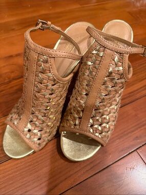 Woven Coach Leela Tan and Gold Peep-Toe heel sandals